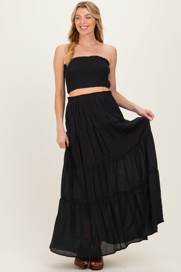 Black Smocked Tube Top Tiered Skirt Maternity Set