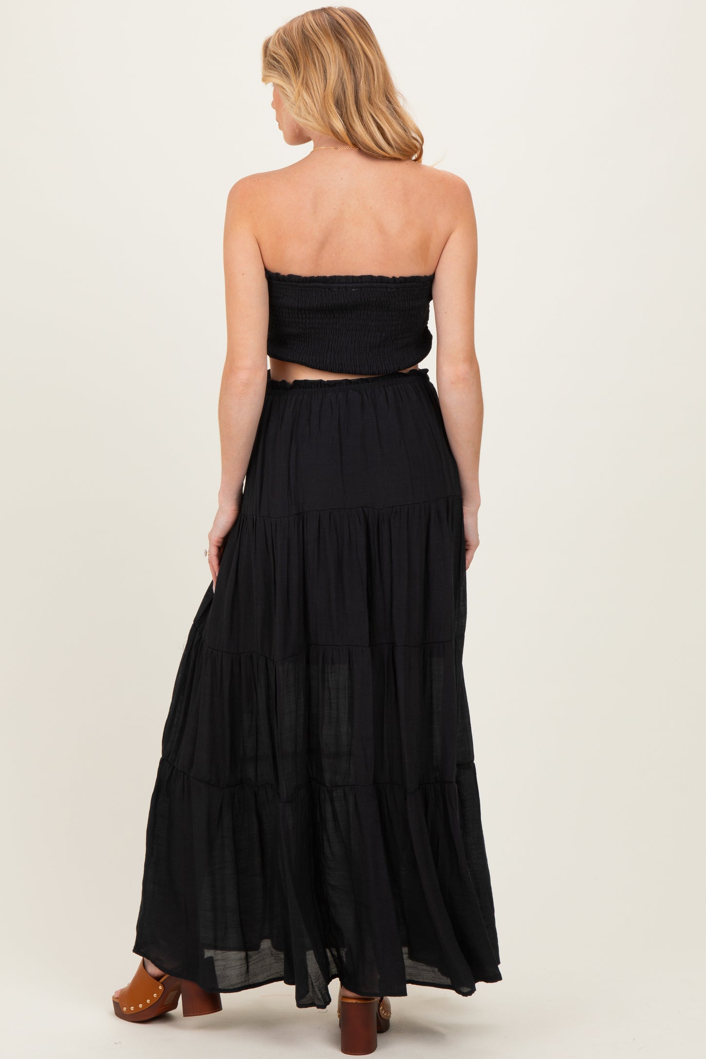 Black Smocked Tube Top Tiered Skirt Maternity Set