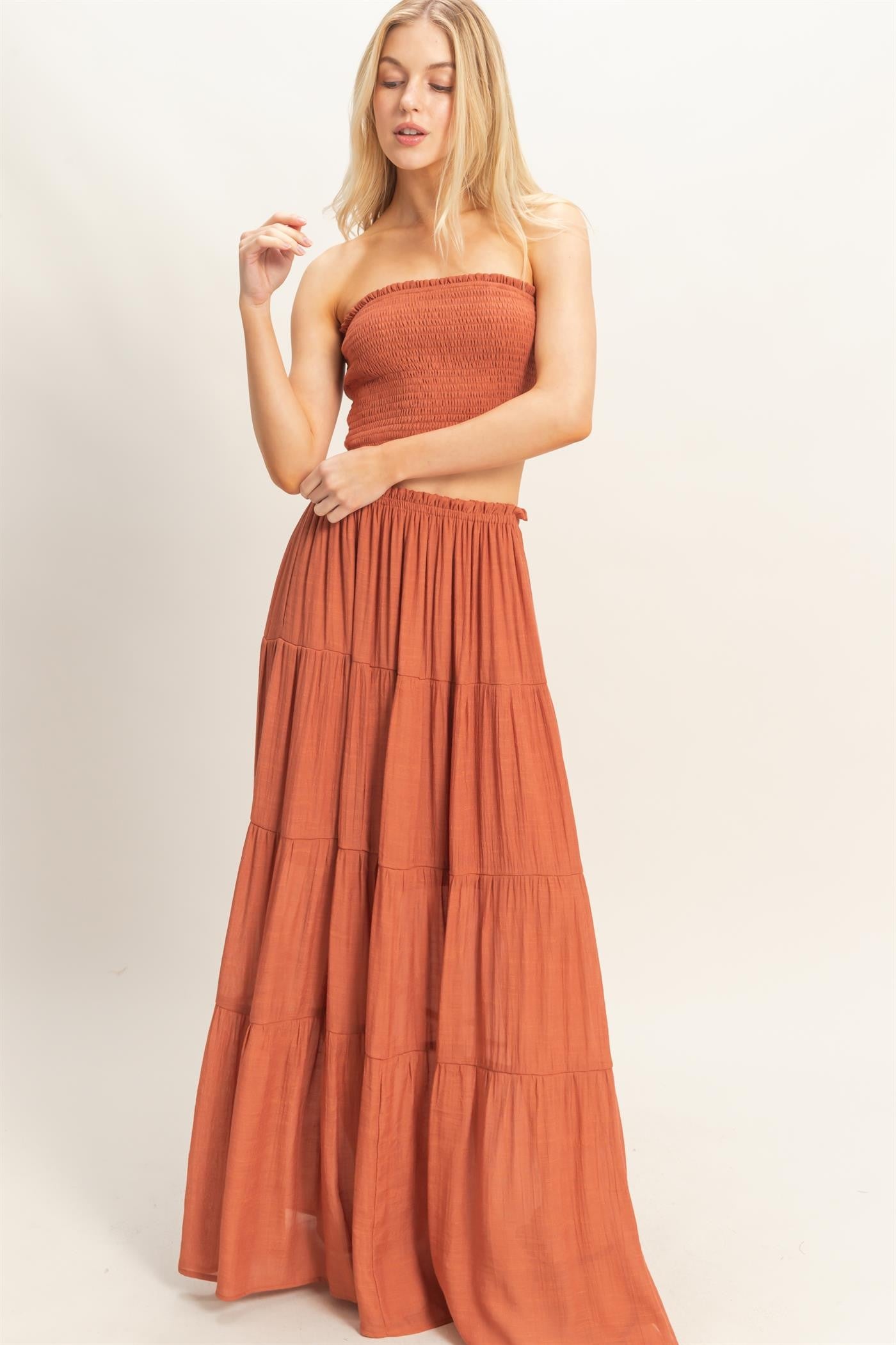 Rust Smocked Tube Top Tiered Skirt Maternity Set