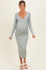 New Sage V-Neck Long Sleeve Fitted Maternity Maxi Dress