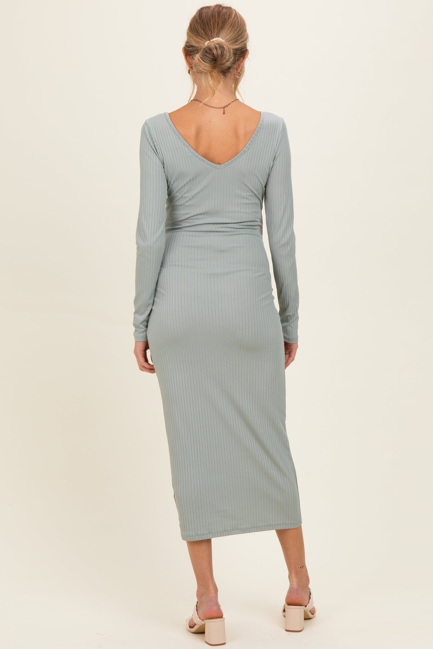 New Sage V-Neck Long Sleeve Fitted Maternity Maxi Dress