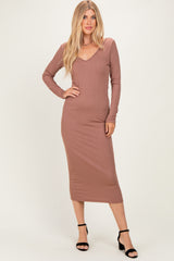 New Mocha V-Neck Long Sleeve Fitted Maxi Dress