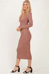 New Mocha V-Neck Long Sleeve Fitted Maxi Dress