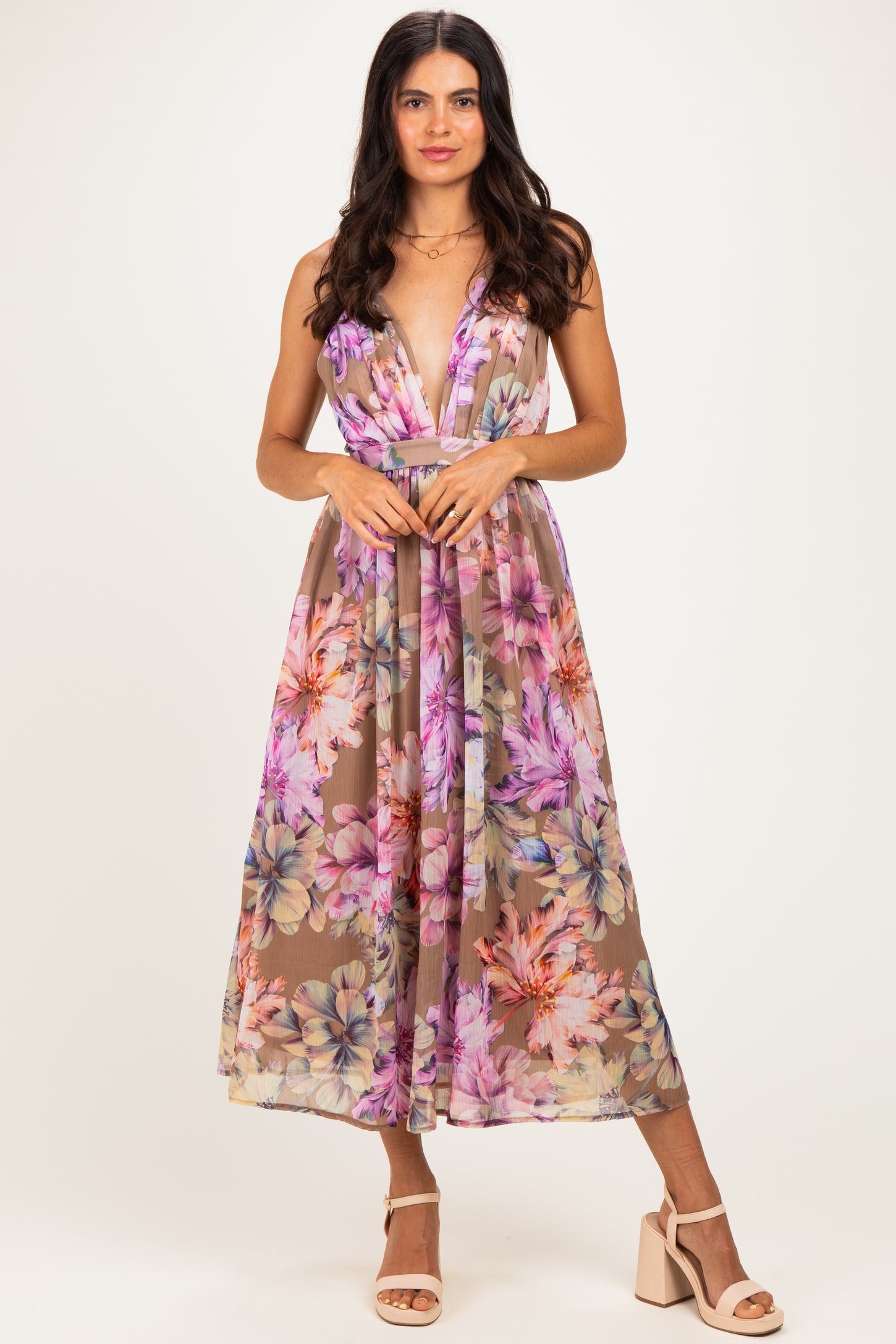 Tan Floral Open Back Midi Dress