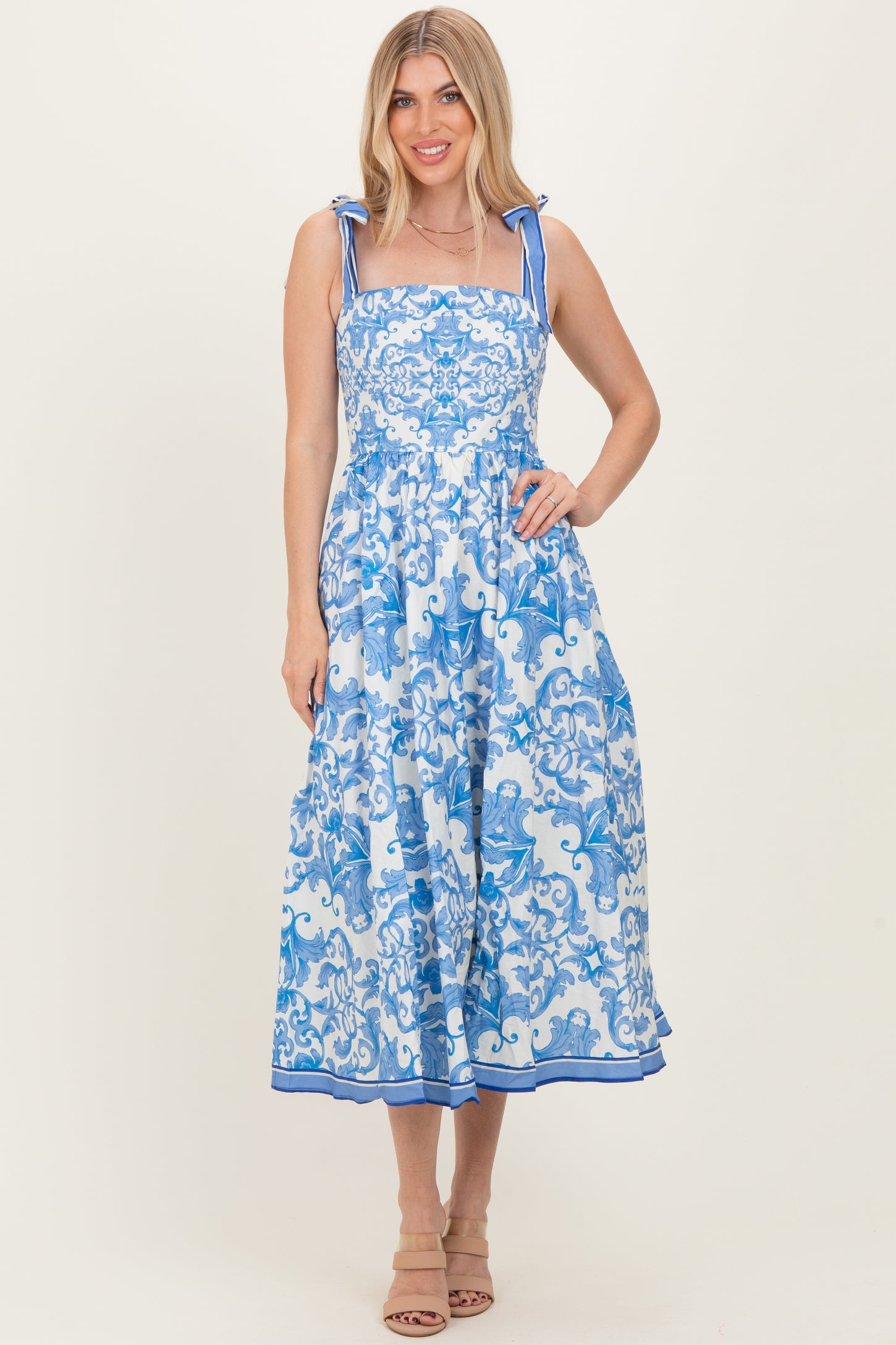 Blue Damask Shoulder Tie Midi Dress