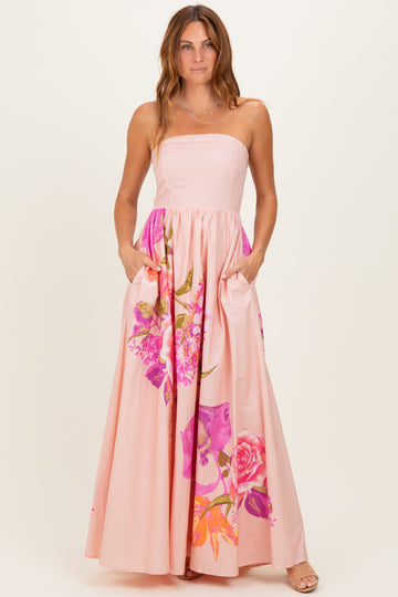 Light Pink Floral Strapless Maxi Dress