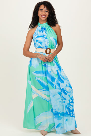 Mint Floral Chiffon Halter Maxi Dress