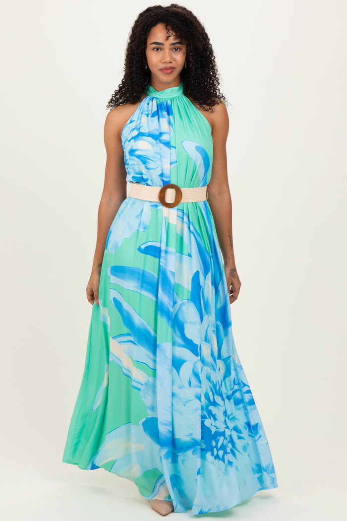 Mint Floral Chiffon Halter Maternity Maxi Dress