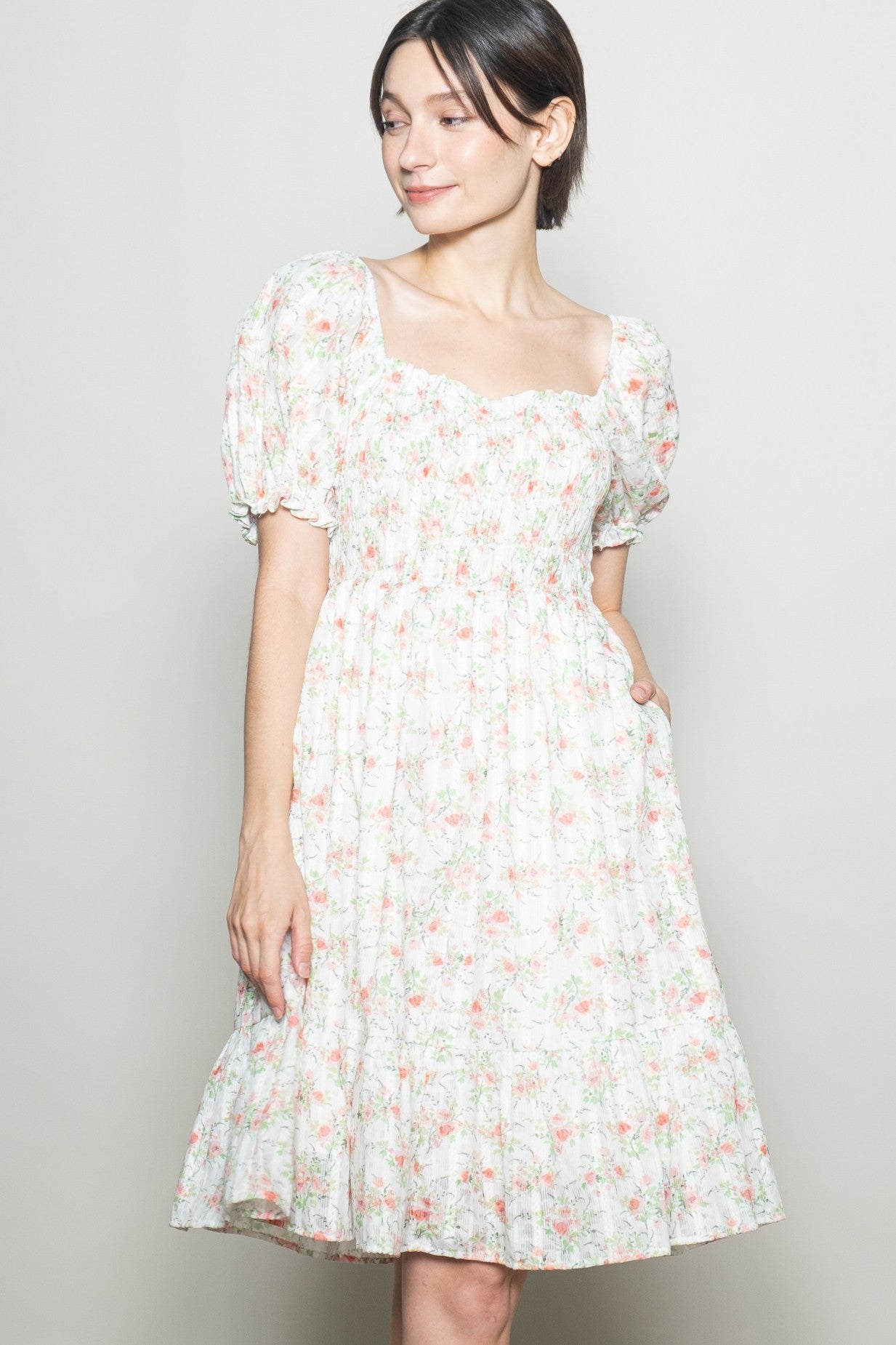 Off White Floral Sweetheart Neck Smocked Maternity Midi Dress