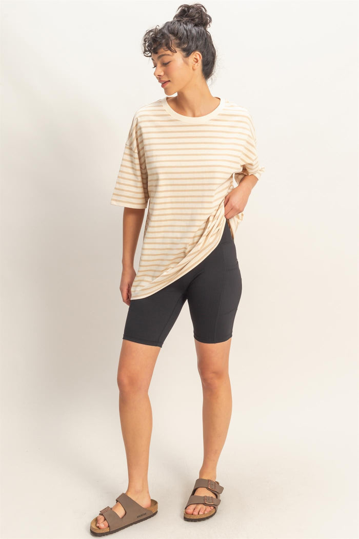 Taupe Striped Short Sleeve Crew Neck Oversized Cotton Top