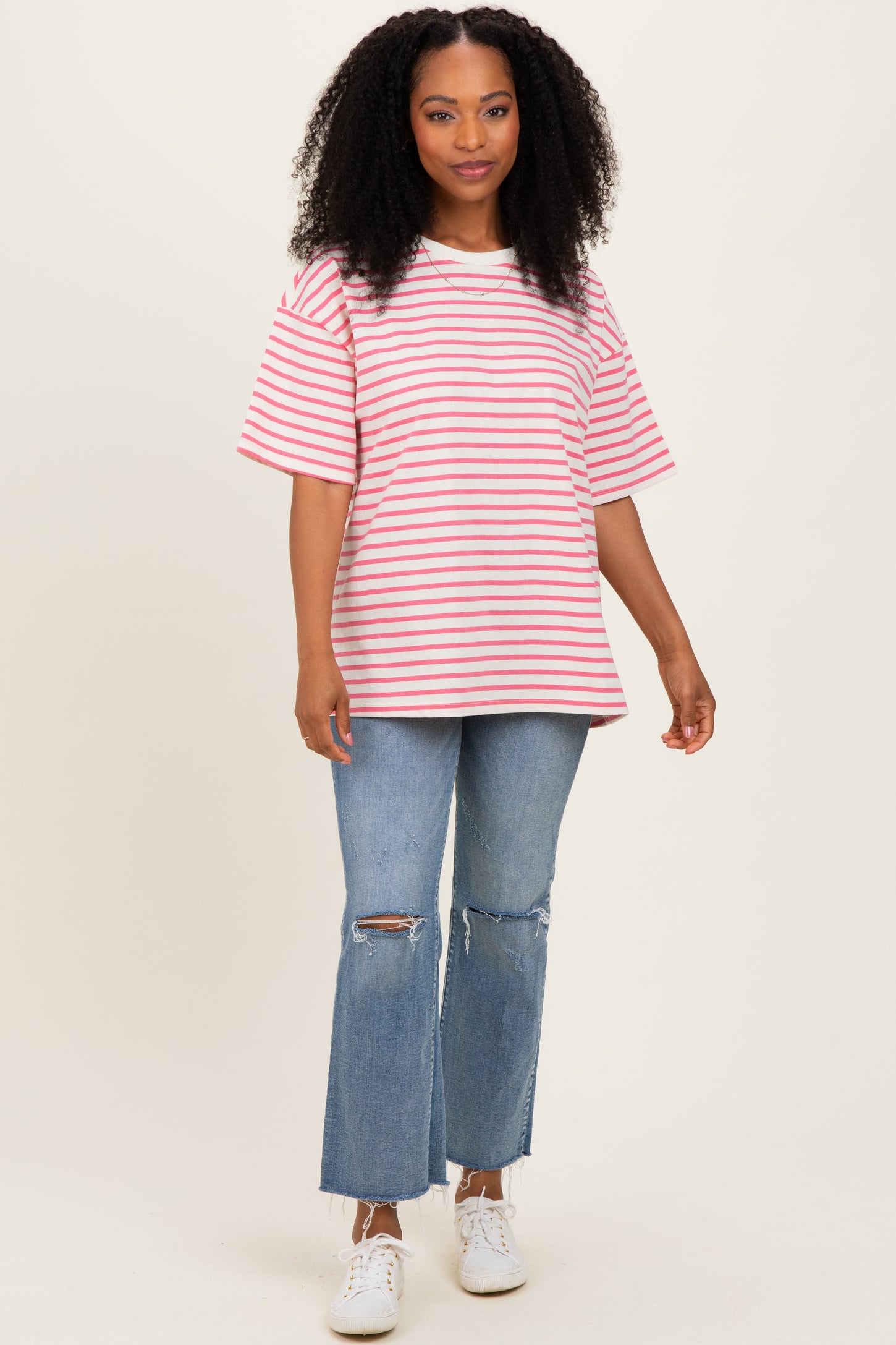 Pink Striped Short Sleeve Crew Neck Oversized Cotton Top