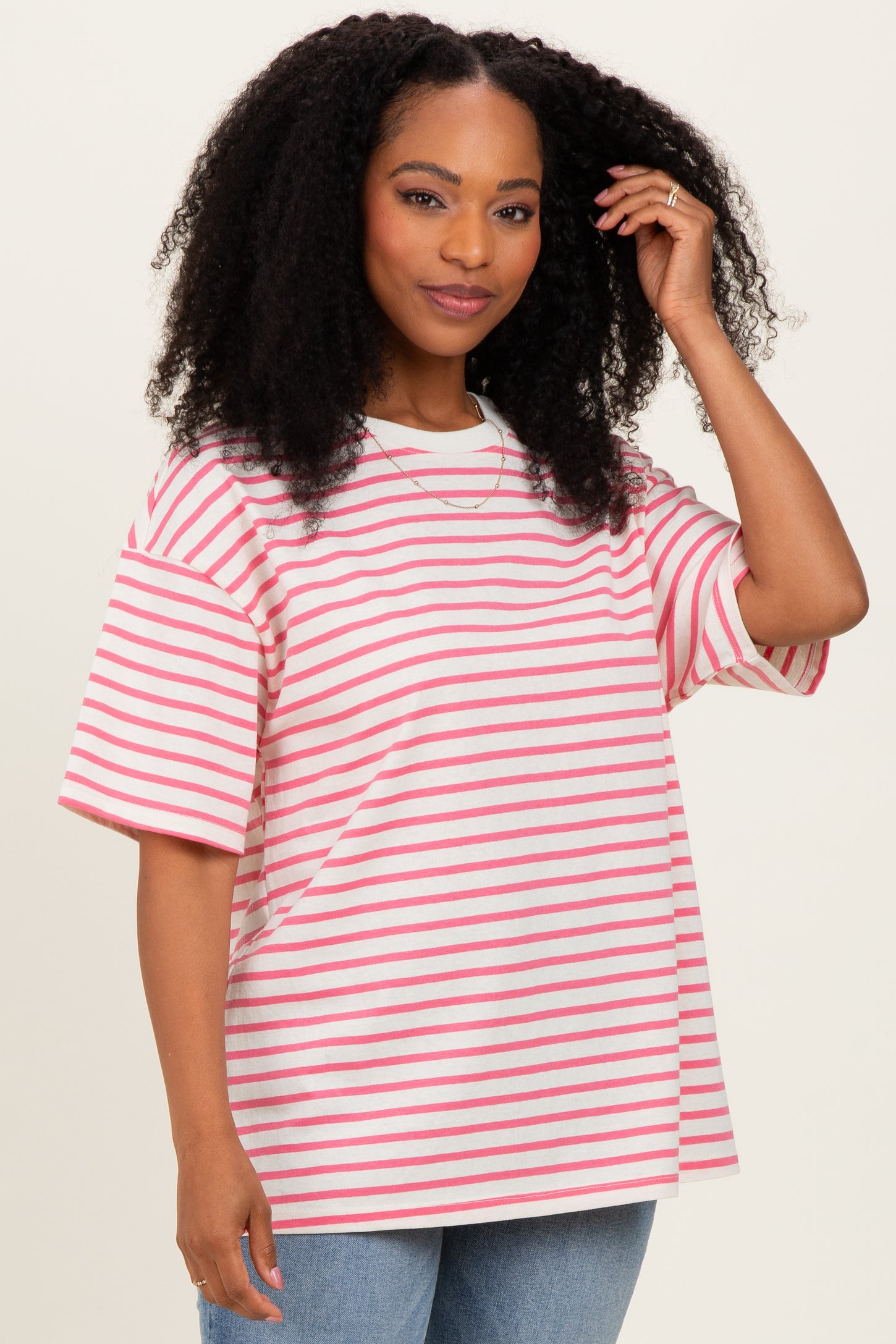 Pink Striped Short Sleeve Crew Neck Oversized Cotton Top