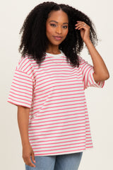 Pink Striped Short Sleeve Crew Neck Oversized Cotton Top