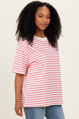 Pink Striped Short Sleeve Crew Neck Oversized Cotton Top