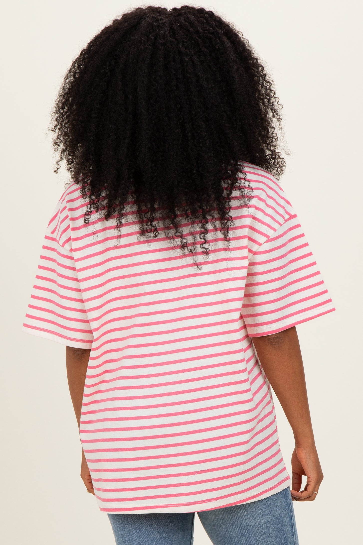 Pink Striped Short Sleeve Crew Neck Oversized Cotton Top