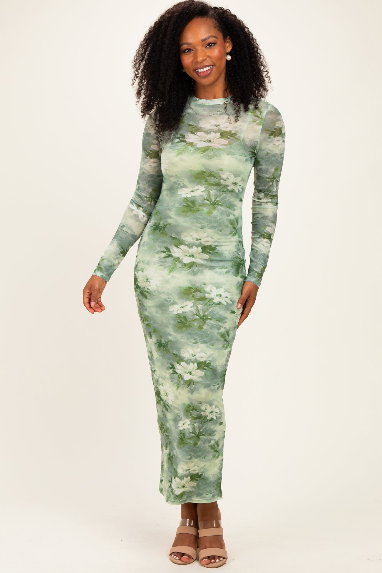 Light Olive Floral Mesh Overlay Maternity Maxi Dress