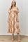 Peach Floral Print Square Neck BubbleSleeve Midi Dress