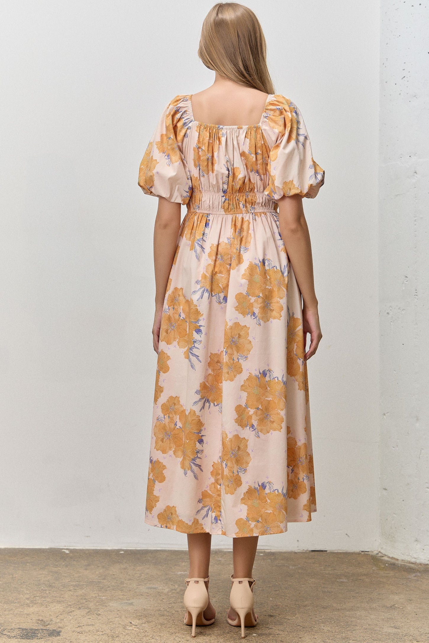 Peach Floral Print Square Neck Bubble  Sleeve Midi Dress