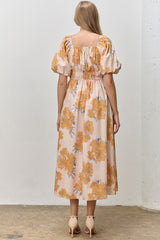 Peach Floral Print Square Neck Bubble  Sleeve Midi Dress