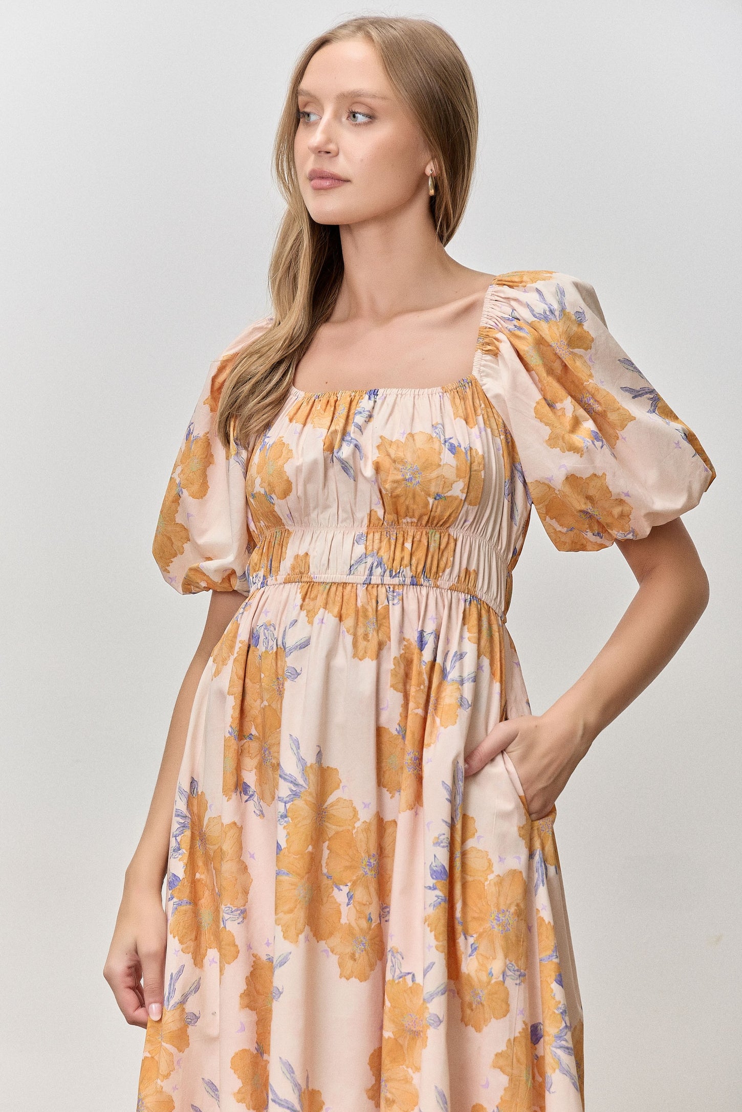 Peach Floral Print Square Neck Bubble  Sleeve Midi Dress