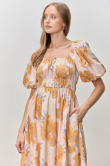 Peach Floral Print Square Neck Bubble  Sleeve Midi Dress
