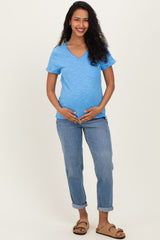 Blue Raw Edged Basic Slub Maternity Top