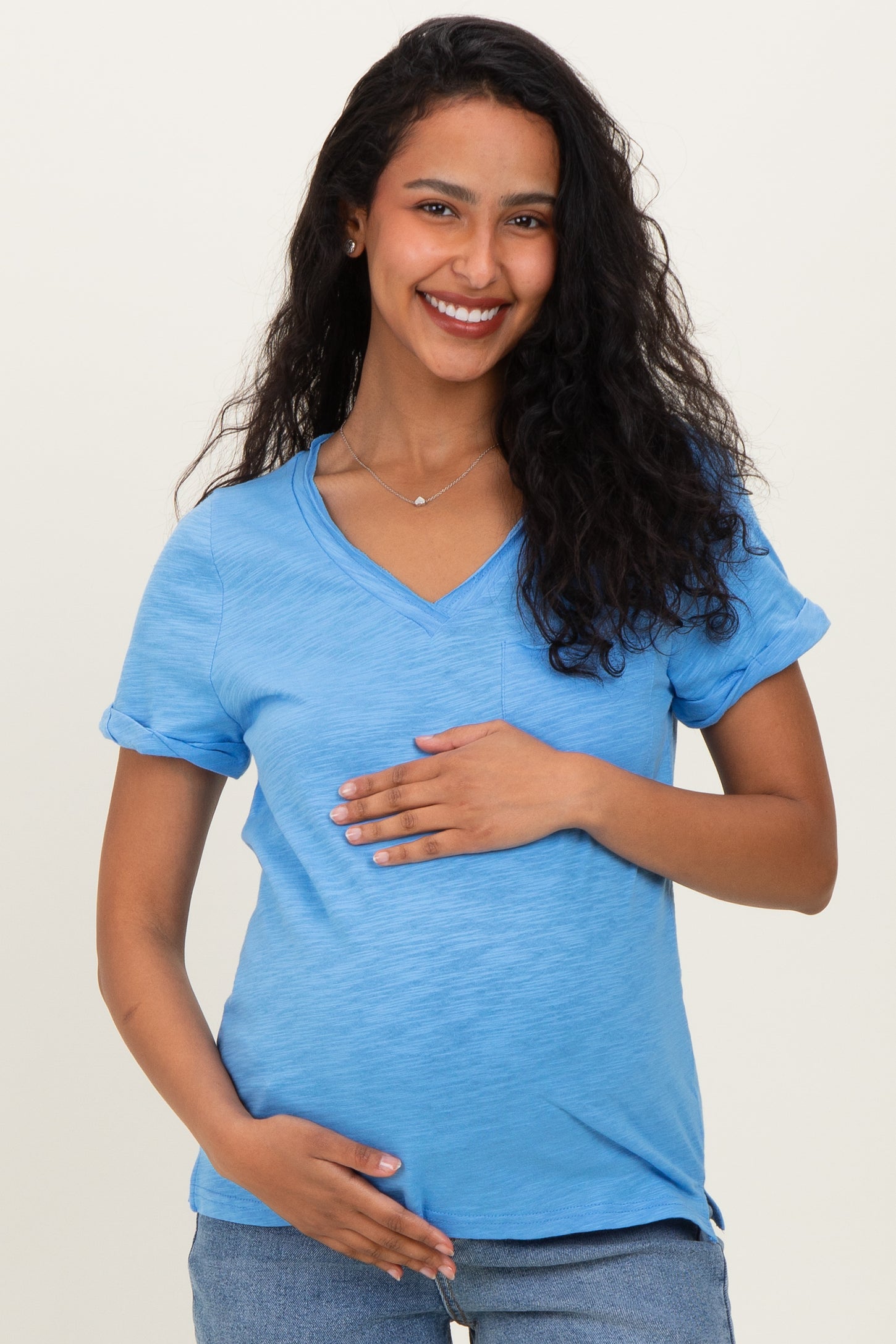 Blue Raw Edged Basic Slub Maternity Top