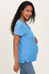 Blue Raw Edged Basic Slub Maternity Top