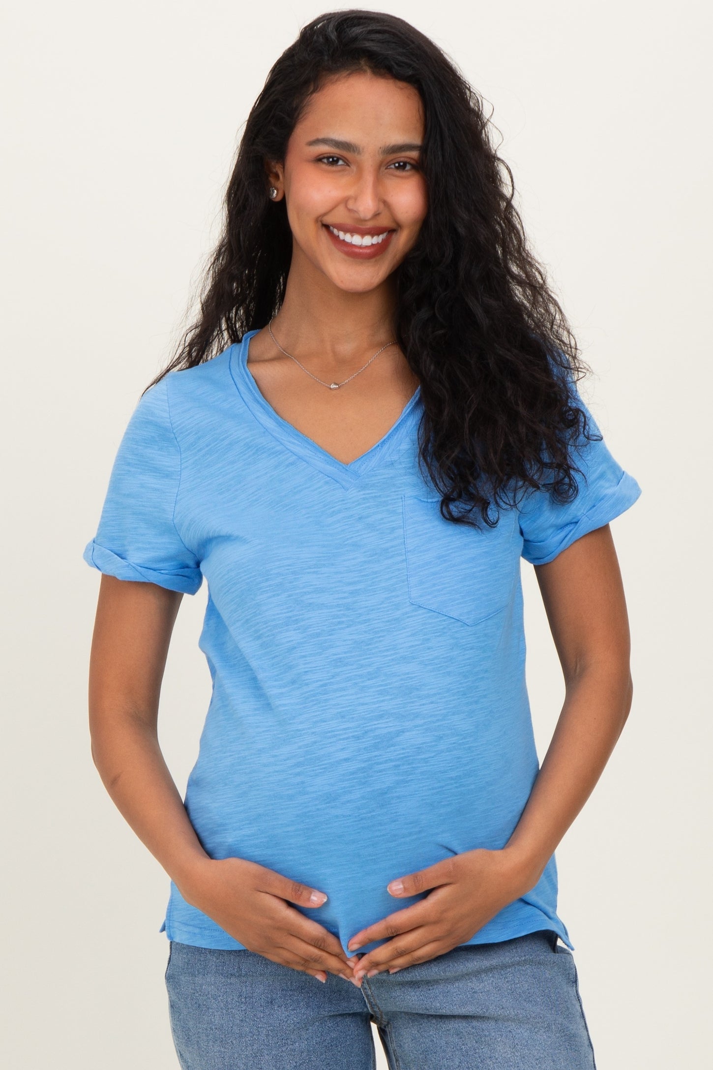 Blue Raw Edged Basic Slub Maternity Top