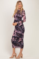 Pink Animal Print Mesh Overlay Maxi Dress