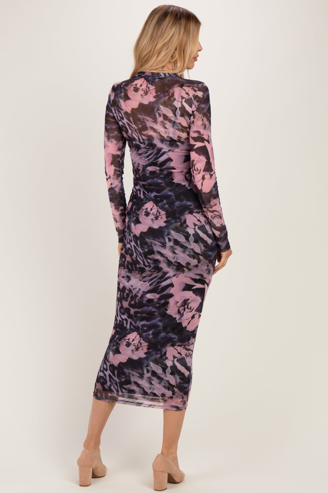 Pink Animal Print Mesh Overlay Maxi Dress