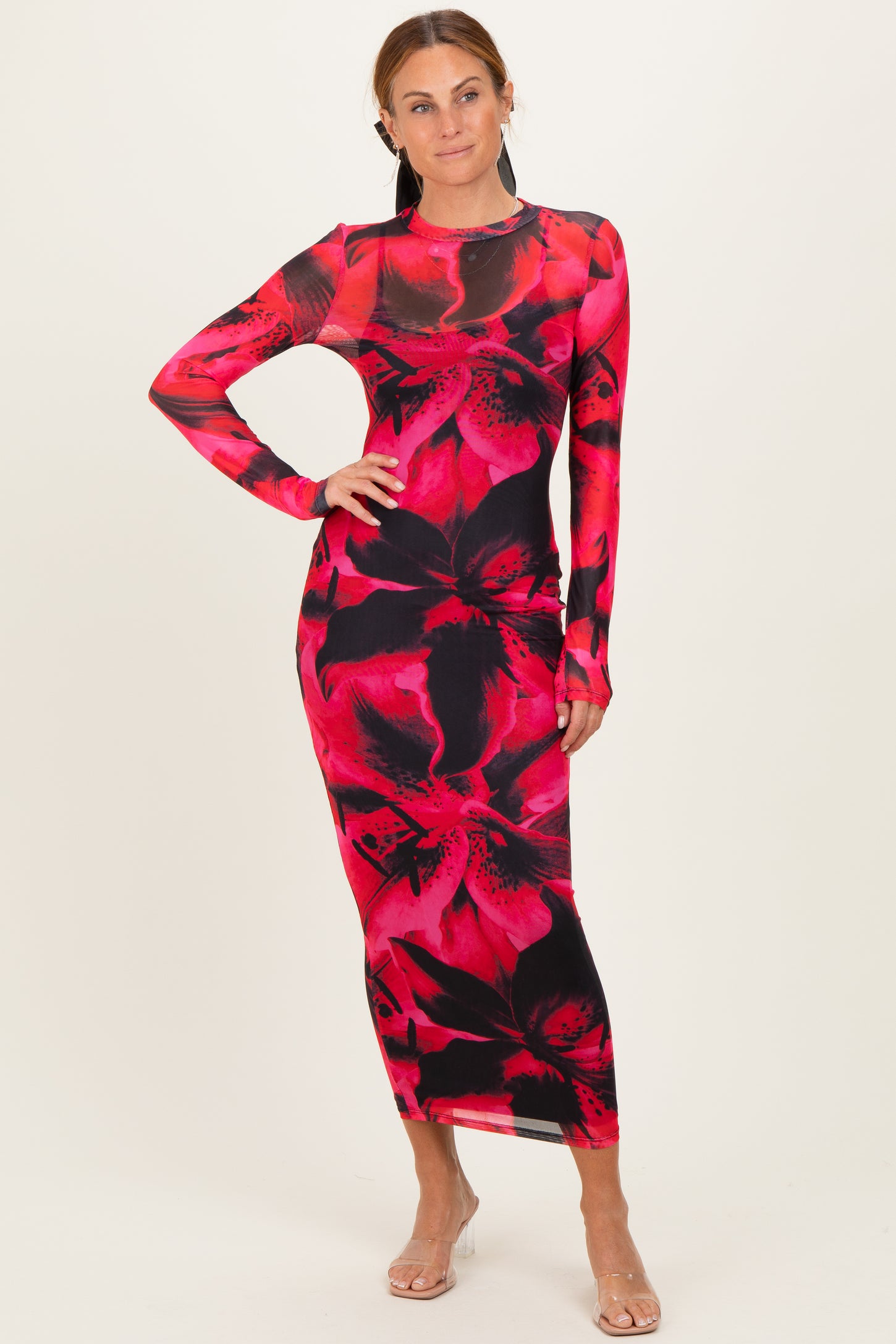 Red Abstract Print Mesh Overlay Maxi Dress