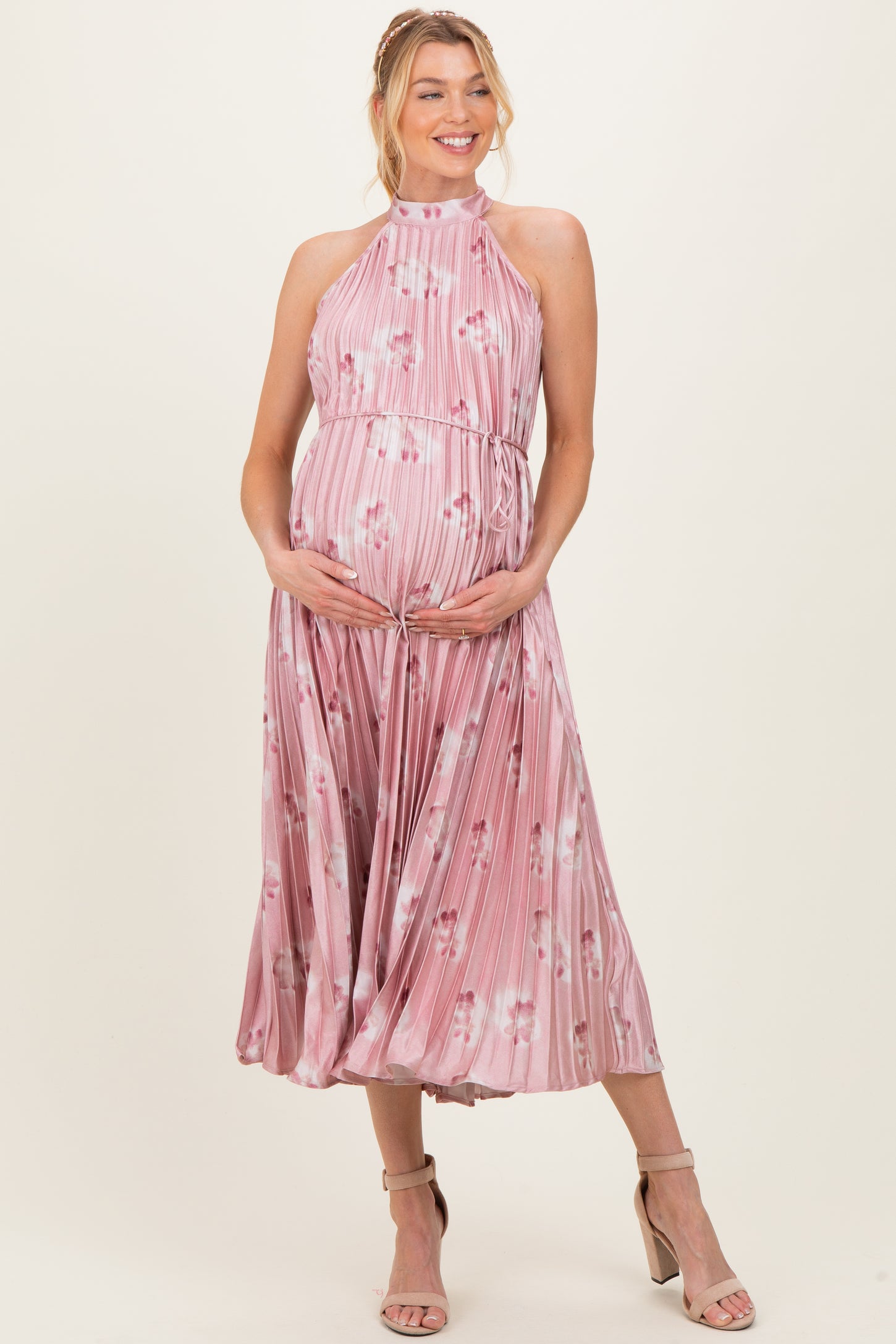 Light Pink  Floral Pleated Halter Maternity Midi Dress