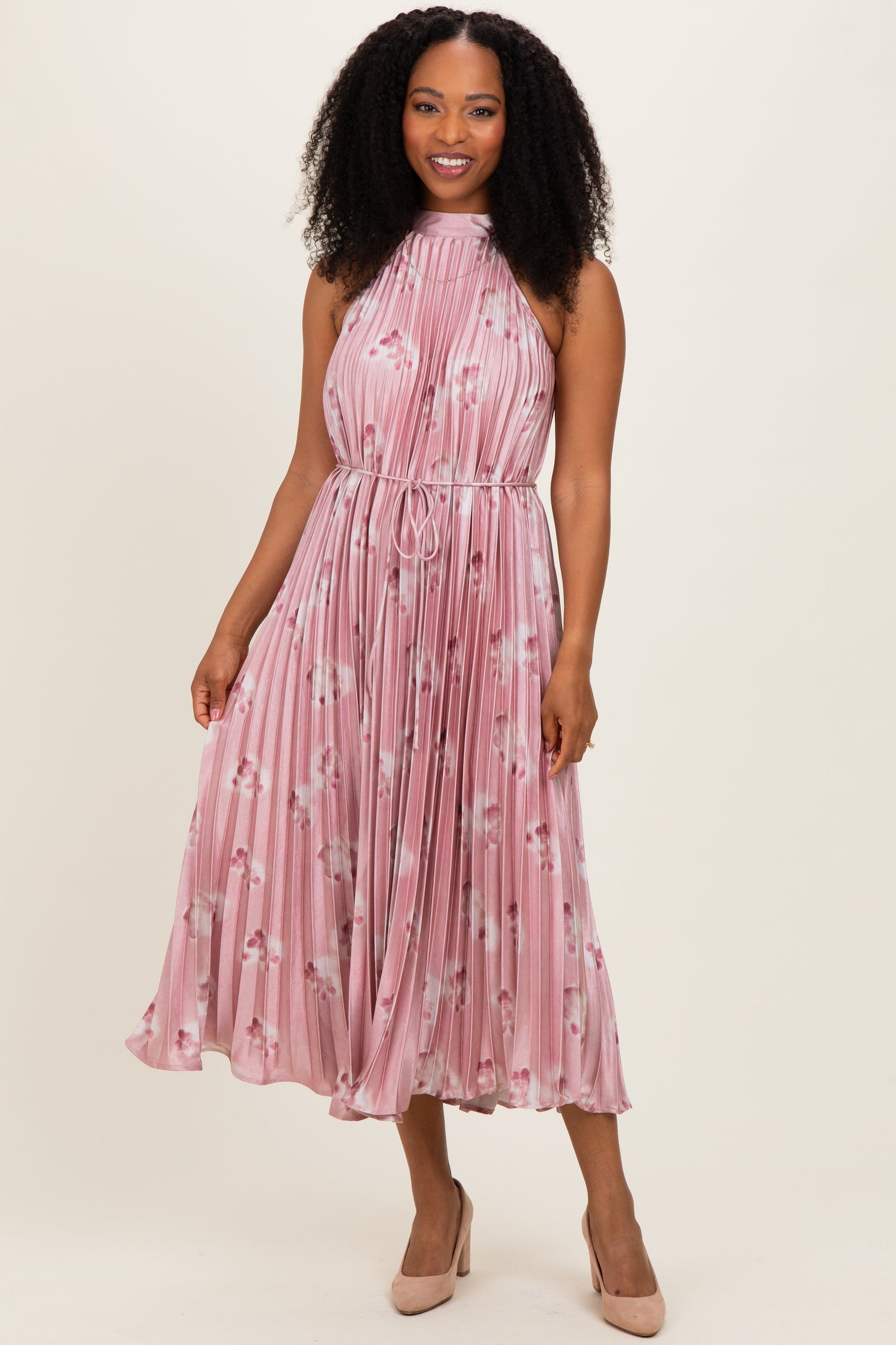 Light Pink  Floral Pleated Halter Midi Dress