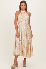 Yellow Floral Pleated Halter Midi Dress