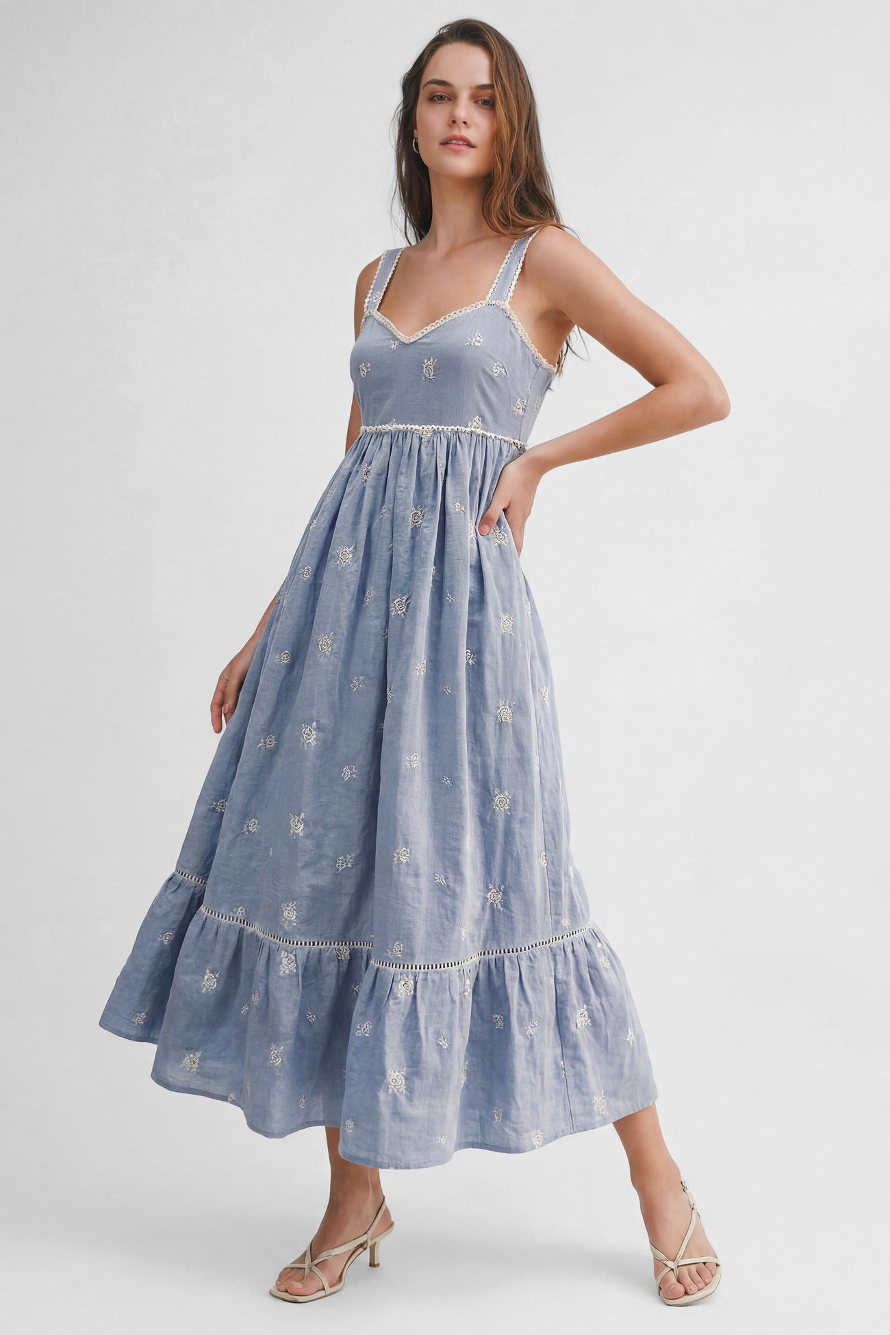 Light Blue Vintage Floral Smocked Maternity Midi Dress