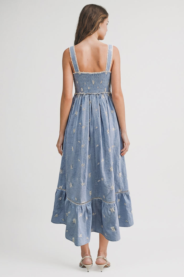 Light Blue Vintage Floral Smocked Midi Dress