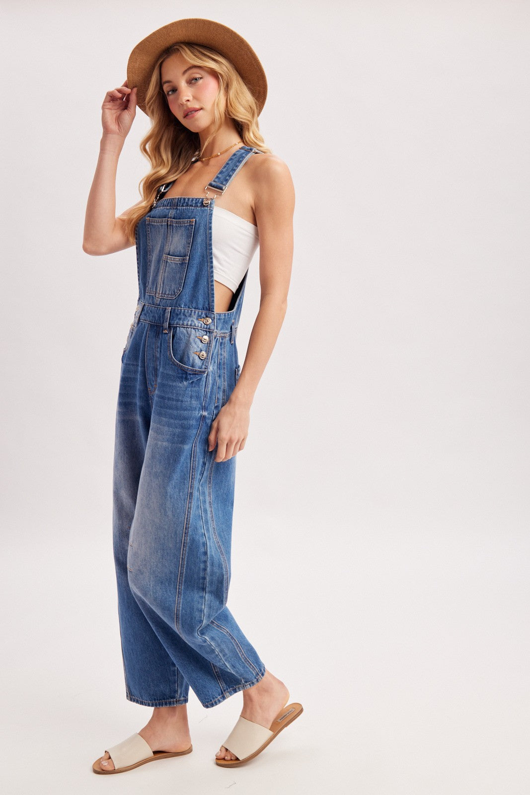Medium Wash Denim Barrel Overalls