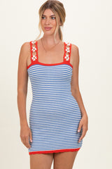 Blue Marine Crochet Stripe Floral Strap Maternity Mini Dress