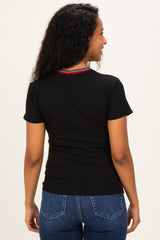 Black Ribbed Crewneck Maternity Tee With Contrast Trim