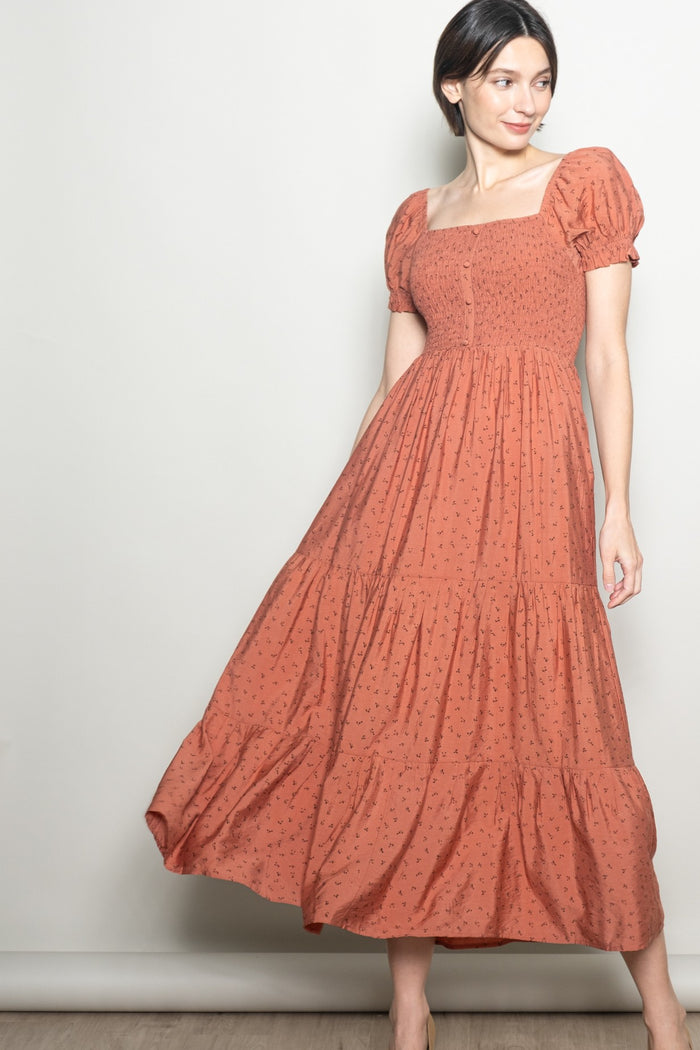 Mauve Tiny Floral Smocked Puff Sleeve Maxi Dress