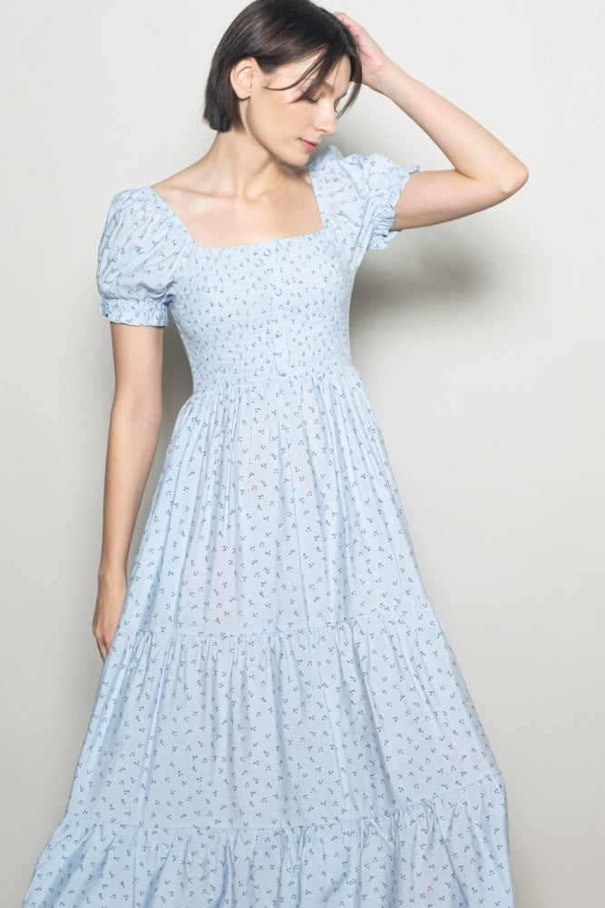 Light Blue Tiny Floral Smocked Puff Sleeve Maxi Dress