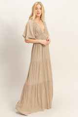 Taupe Flutter Sleeve Maxi Dress