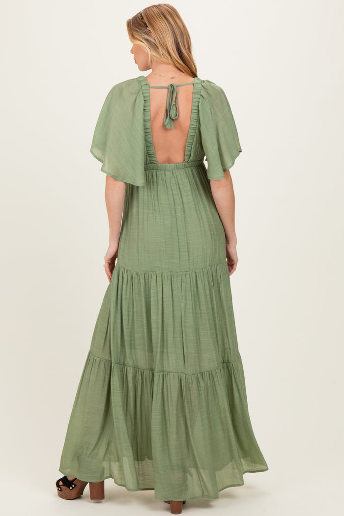 Light Olive Flutter Sleeve Maternity Maxi Dress