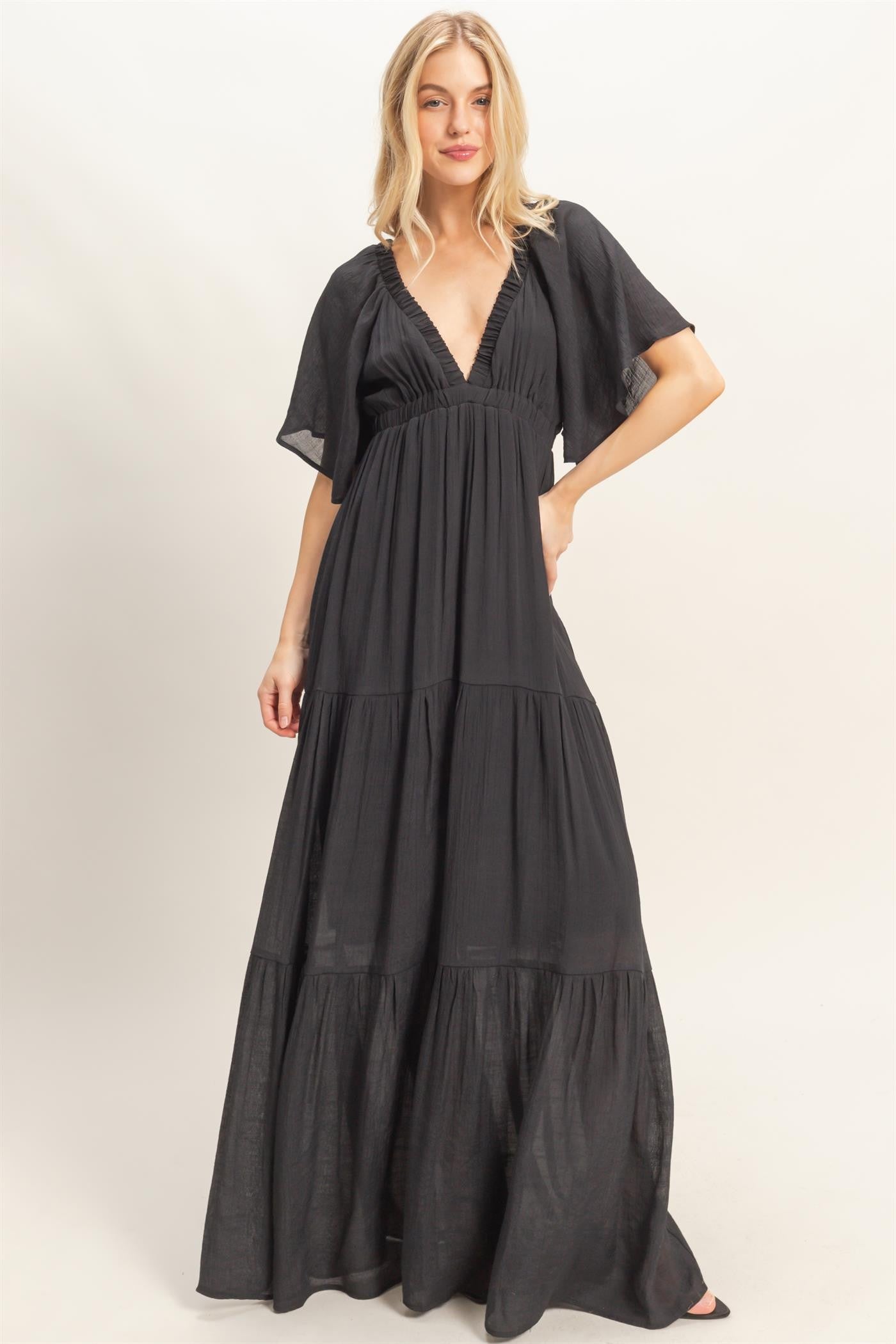 Black Flutter Sleeve Maxi Dress