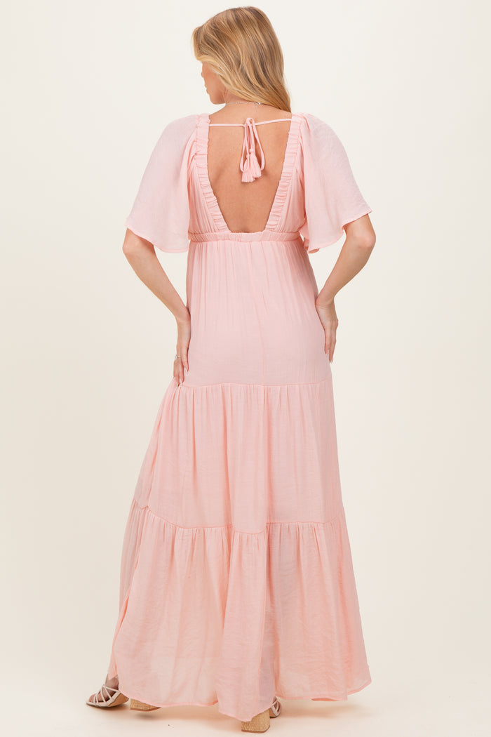 Light Pink Flutter Sleeve Maternity Maxi Dress