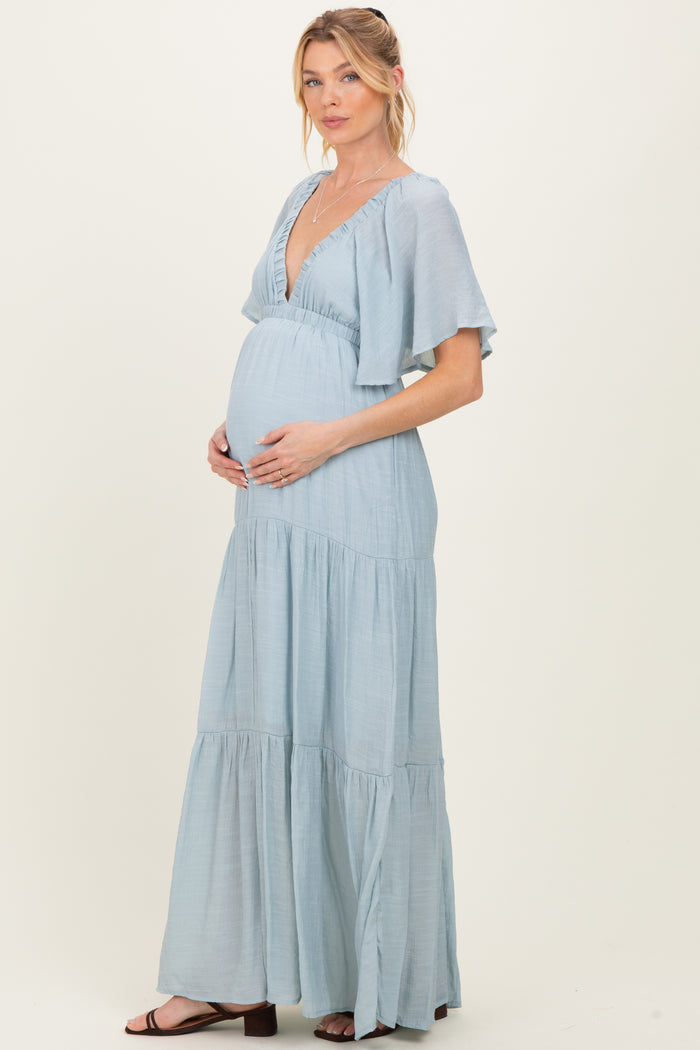 Light Blue Flutter Sleeve Maternity Maxi Dress