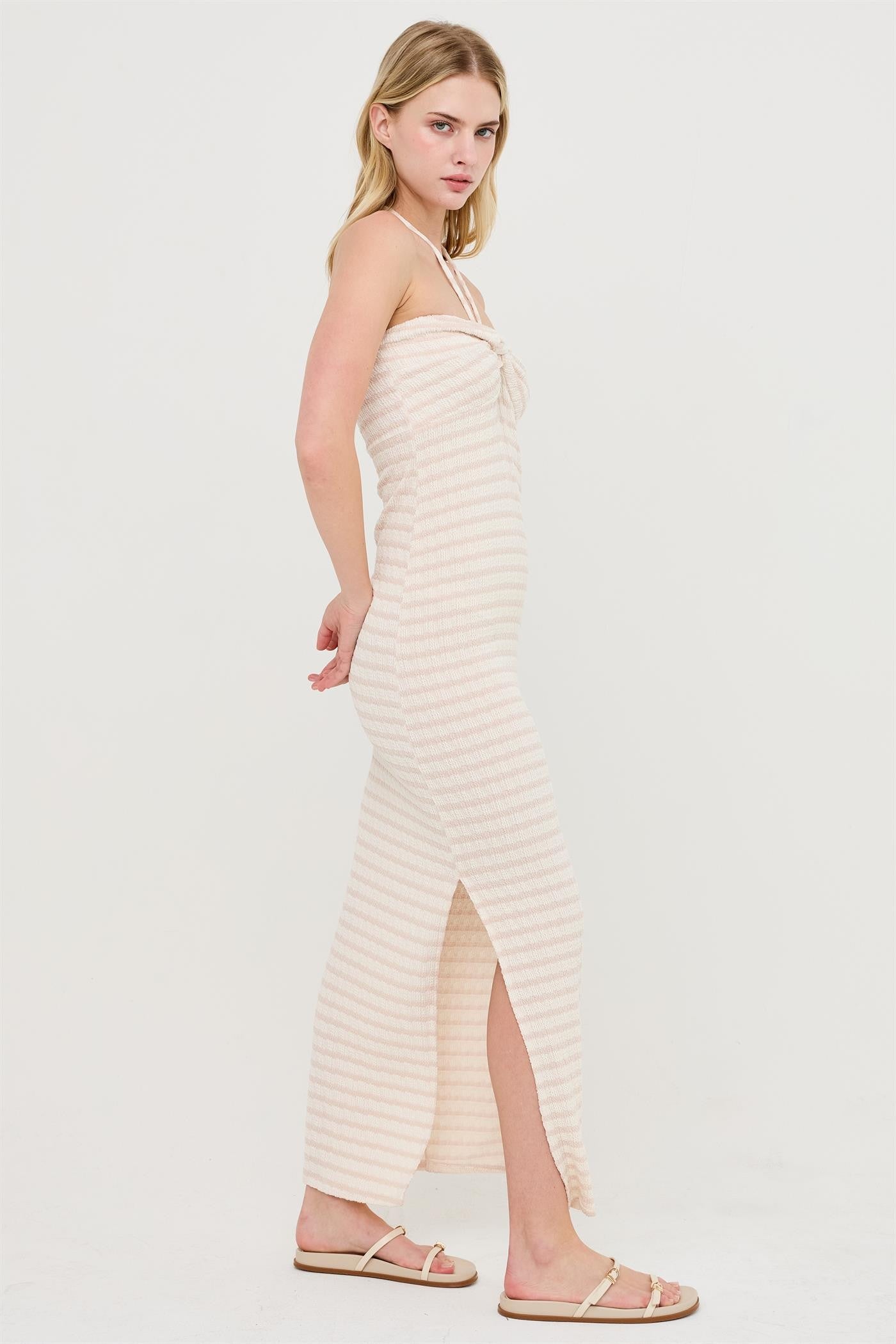 Taupe Halter Neck Twist Bust Midi Dress
