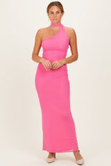 Pink Mesh Overlay Halter Maxi Dress