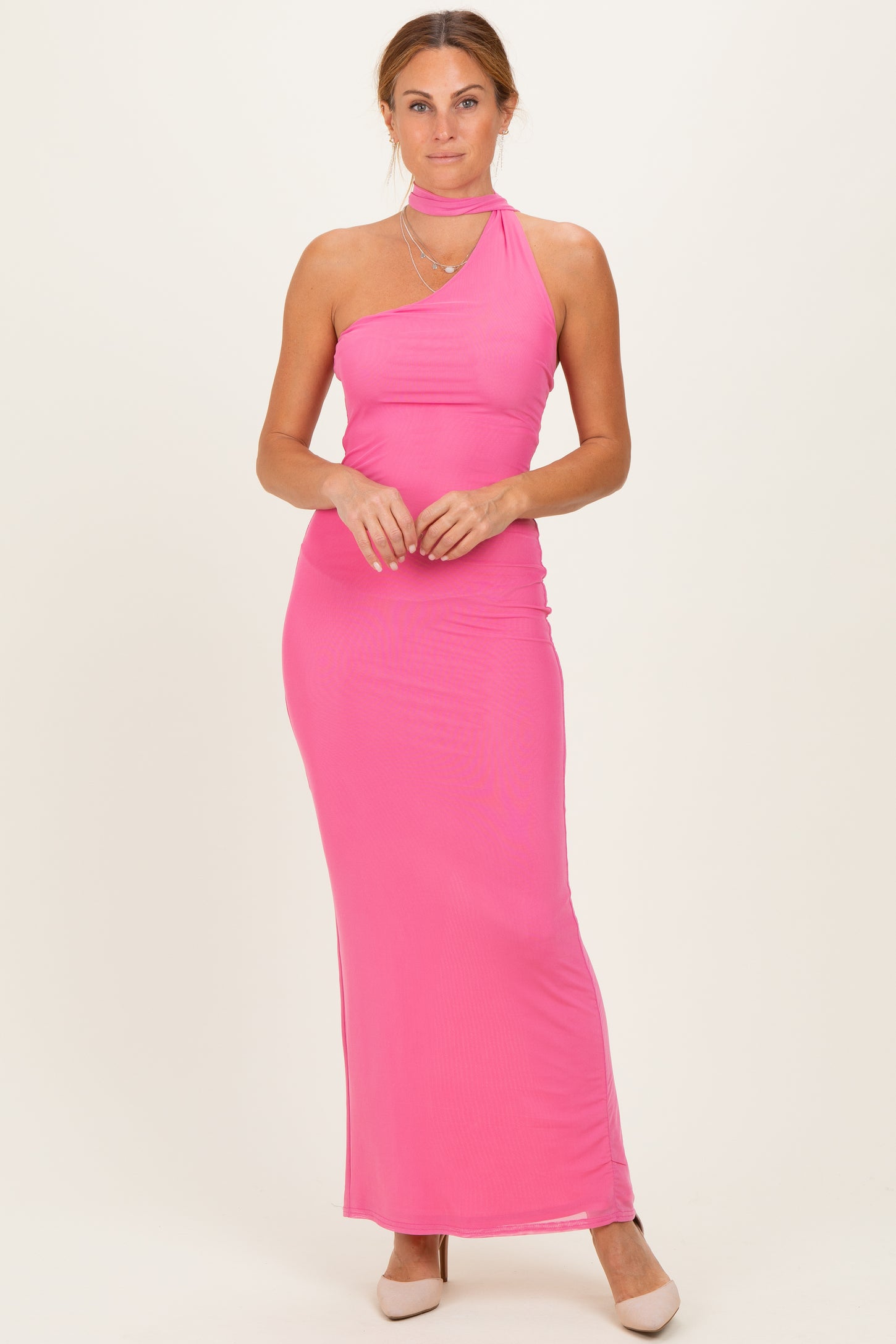 Pink Mesh Overlay Halter Maternity Maxi Dress